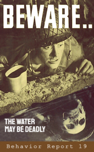 Behavior Report 19 poster of a World War 2 soldier staring into water and seeing a skull instead of his reflection.