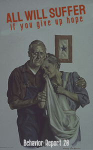 Behavior Report 20 poster of an elderly couple holding one another sadly. A single star hangs on the wall behind them to represent a son fighting in World War 2.