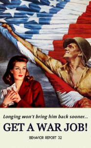 Behavior Report 32 poster of a woman dreaming about her husband who hovers over here with an outstretched arm holding a flag.